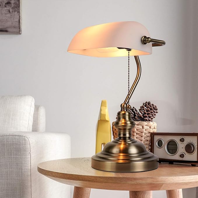 Newrays Glass Bankers Desk Lamp with Pull Chain Switch Plug in Fixture,Satin Brass Finish (White)