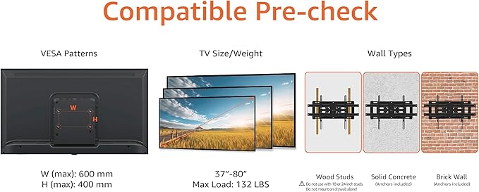 Amazon Basics Heavy Duty Dual Arm, Full Motion Articulating TV Mount for 37" to 80" TVs up to 132 lbs, Fits LED LCD OLED Flat Curved Screens, Black
