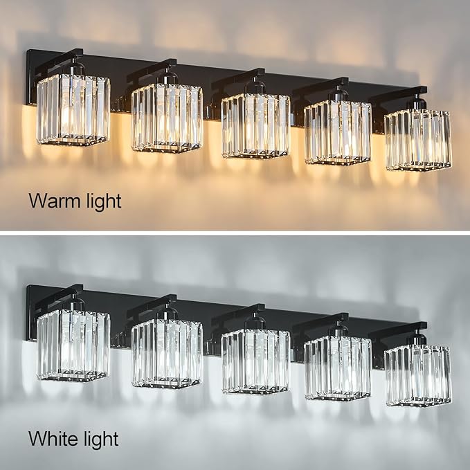 FDPBY Modern Bathroom Vanity Light 5-Lights Plating Black Crystal Bathroom Wall Light Vanity Light Fixtures