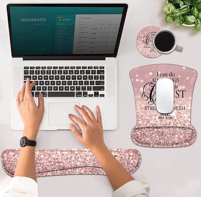 Ergonomic Mouse Pad Wrist Support and Keyboard Wrist Rest Set with Coasters, Non-Slip PU Base, Easy Typing and Relieve Wrist Pain, Perfect for Home Office Working Studying, Quote Bible Verse Phil 4:13