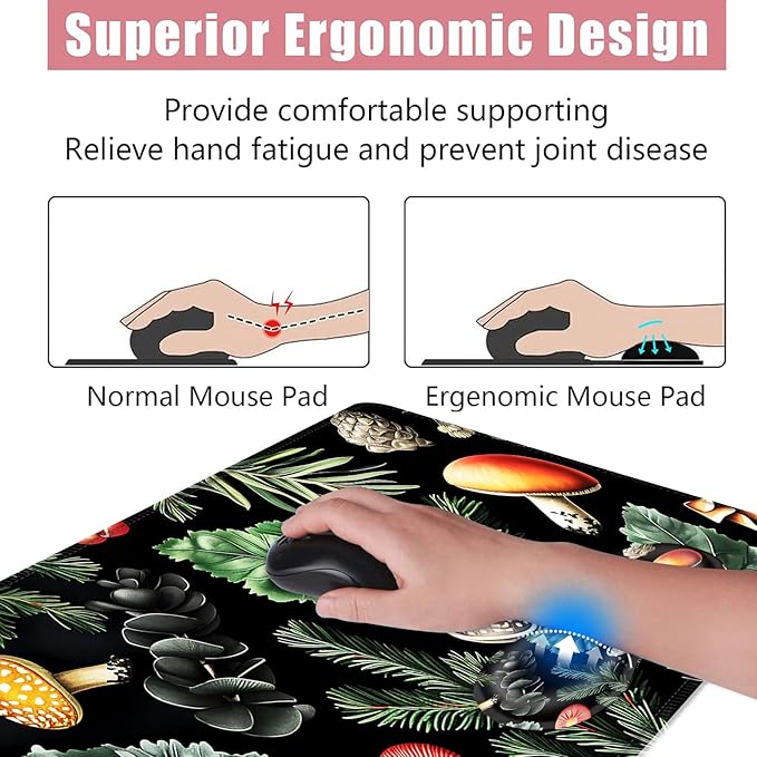 BFUKVOU Large Keyboard Mouse Pad Set, Extended Mouse Pad+Keyboard Wrist Rest Support, Memory Foam Ergonomic Easy Typing, 4Pcs (31.5×11.8 in) Desk Pad Set for Office Home,Mushrooms and Leaves