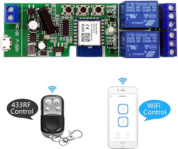 Newgoal 2 channelsWiFi Wireless Smart Switch Inching Self-locking Relay Module, be applied to access control Tuya SmartLife APP,DIY WIFI Garage Door Opener With 433 MHz RF remote control