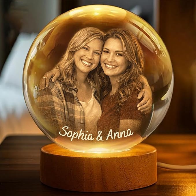 Herihues Personalized 3D Photo Crystal Ball, Custom Engraved Picture Lamp with Wood Base, Besties Night Light, Gifts for Besties Valentines Day, Christmas, Best Friend Personalized Gifts