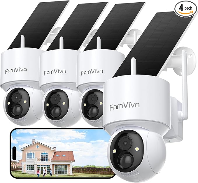 FAMVIVA 2K Solar Security Cameras Wireless Outdoor, 360°PTZ Battery Powered Cameras for Home Security, 2.4G WiFi Outdoor Camera with Color Night Vision, IP66 Waterproof, Motion Sensor Alarm, White-4P