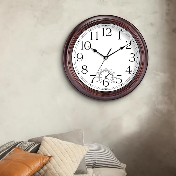 KECYET 12 Inch Outdoor Wall Clock with Thermometers, Vintage Silent Wall Clocks Battery Operated, Retro Non-Ticking Clock Decorative for Living Room, Patio, Kitchen, Office, Bathroom, Bedroom(Bronze)