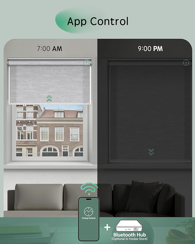Yoolax Motorized Blinds App Control, Light Filtering Motorized Shades for Windows, Cordless Automatic Roller Shades for Bedroom Living Room Office(Light Filtering Jacquard White, 58" W x 72" H)