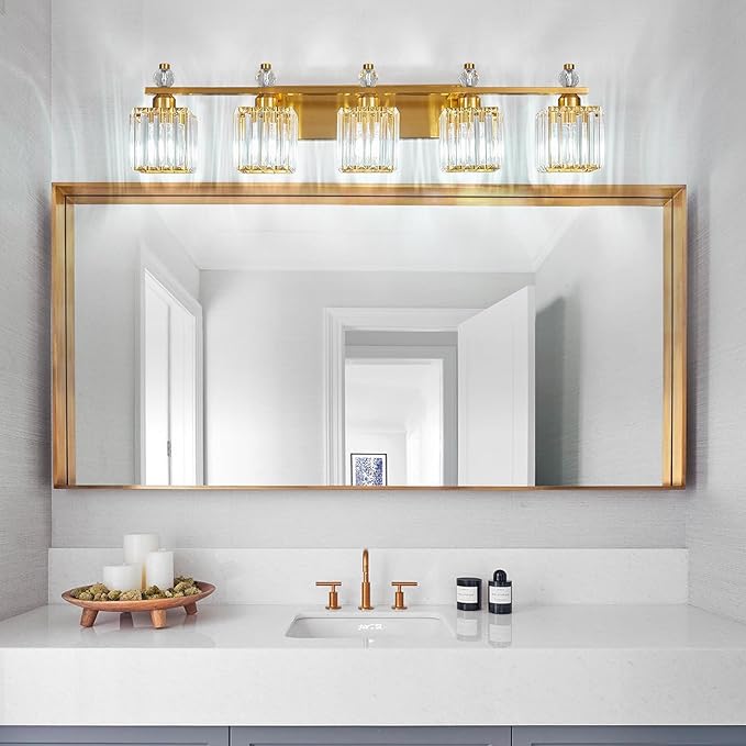 FDPBY Vanity Lights 5-Light Modern Crystal Vanity Light Gold Bathroom Light Fixtures Over Mirror Crystal Bathroom Vanity Lighting Fixtures