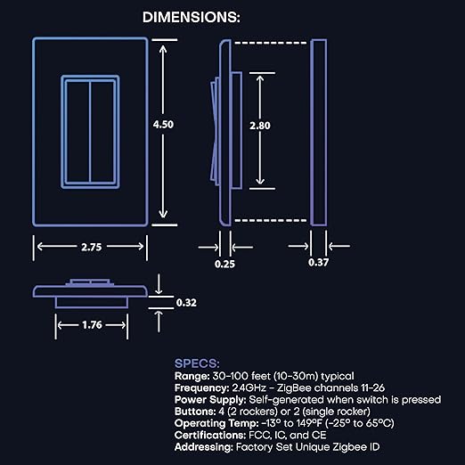 RunLessWire Click for Philips Hue – Battery-Free Wireless Smart Light Switch, 30ft Range – Works Natively with Philips Hue Bridge – Wall Mount Kinetic Switch - Decora Style, Gray