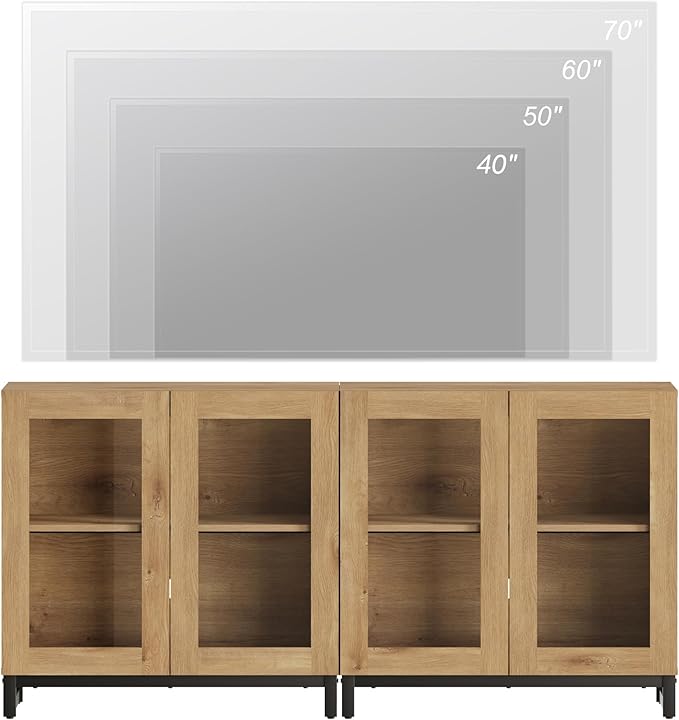 WAMPAT Modern TV Stand with Glass Doors for 32-70 inch TVs, Farmhouse Entertainment Center Media TV Console with Adjustable Shelves for Living Room, Bedroom, Oak