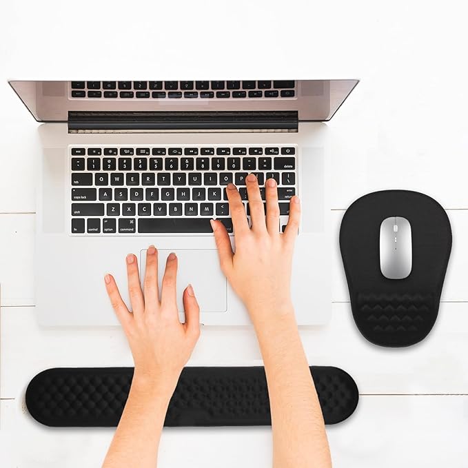 Hasinart Ergonomic Mouse Pad and Keyboard Wrist Rest with Massage Design, Space-Saving Mouse Pad Wrist Support, Memory Foam Wrist Rest with Non-Slip PU Base for Computer Desk, Black
