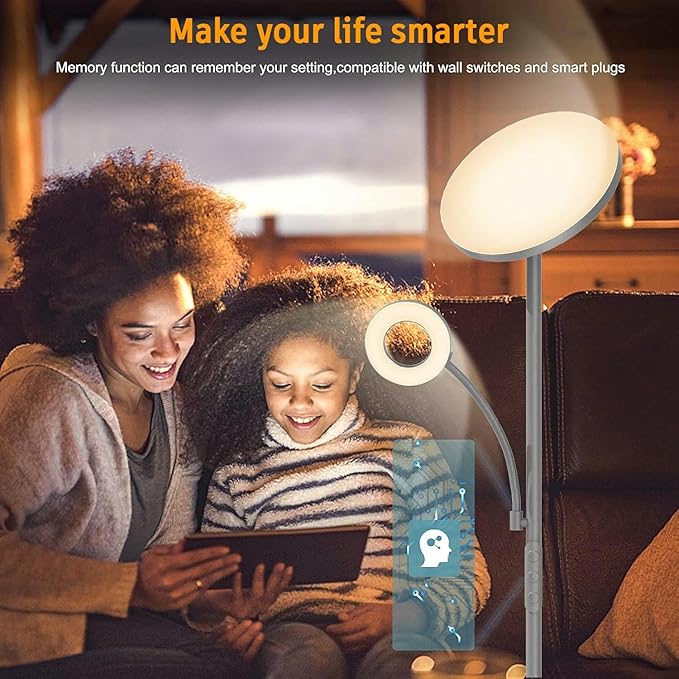 marctronic Silver Gray Floor Lamp, 42W 4000LM Super Bright LED Lamp with Reading Light for Living Room Bedroom Office, Dimmable Standing Lamp with Remote & Touch Control