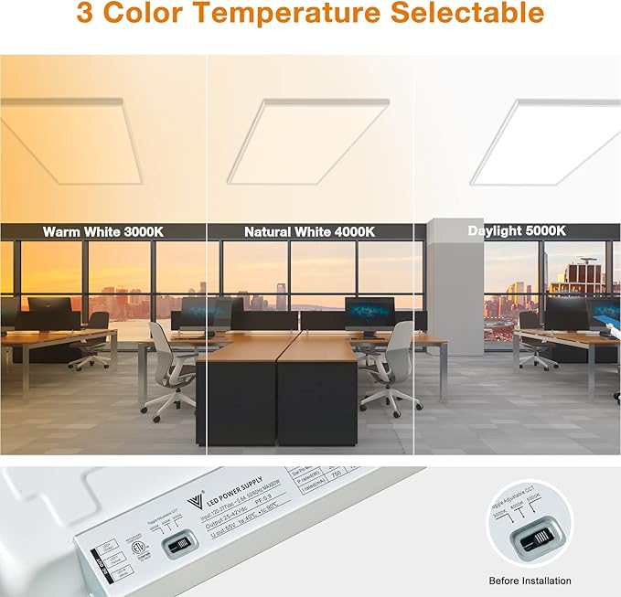 Mcacggo 2x4 FT LED Flat Panel Light Surface Mount 5000K-4000K-3000K Switchable & 0-10V Dimmable, 30W-40W-50W Selectable Flush Mount Ceiling Light 24x48 inch, ETL Listed, 100-277V, White, 2 Pack
