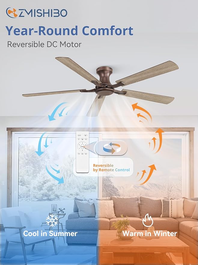 ZMISHIBO 60 Inch Ceiling Fan No Light, Flush Mount Low Profile, Farmhouse Brown Ceiling Fan Without Light, Remote Control & Quiet DC Motor, for Indoor&Outdoor, Bedroom, Living Room