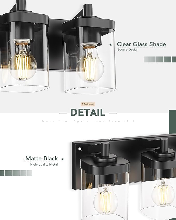 METWET Bathroom Light Fixtures Over Mirror, 3-Light Matte Black Vanity Light with Square Clear Glass Shade, Modern Wall Sconces, Vanity Lighting Fixtures, VL194-MB-3
