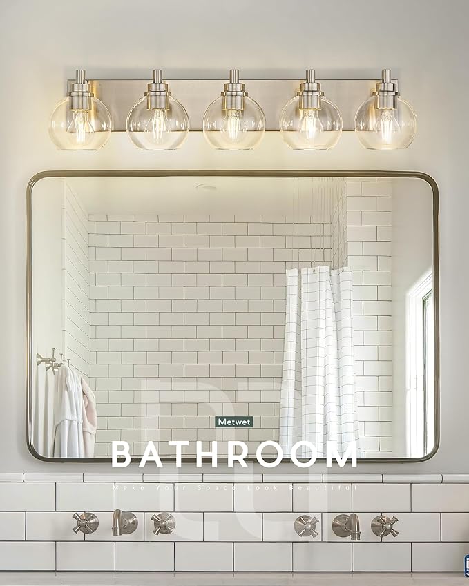METWET Bathroom Light Fixtures, 5 Light Brushed Nickel Vanity Light, 32 Inch Modern Wall Sconces with Globe Clear Glass Shade, Vanity Lighting Fixtures Over Mirror, VL195-BN-CL-5
