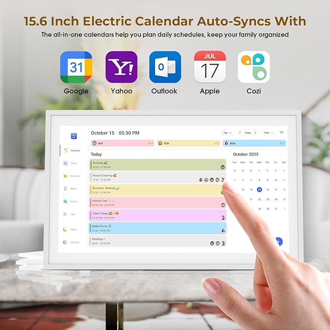 Digital Calendar, 15.6" Electronic Calendar For Wall, 1080P IPS Touchscreen Smart Family Planner& Chore Chart, Two - Way Sync With Phones Supports All Google Play Apps, Wall/Desk Mountable