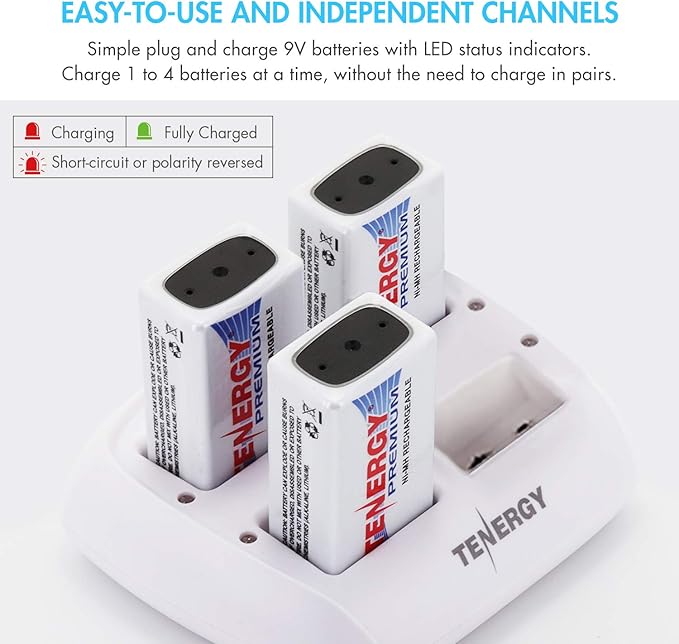 Tenergy TN136 4 Bay 9V Smart Charger with 4 Pieces Tenergy Premium 9V NiMH Rechargeable Batteries