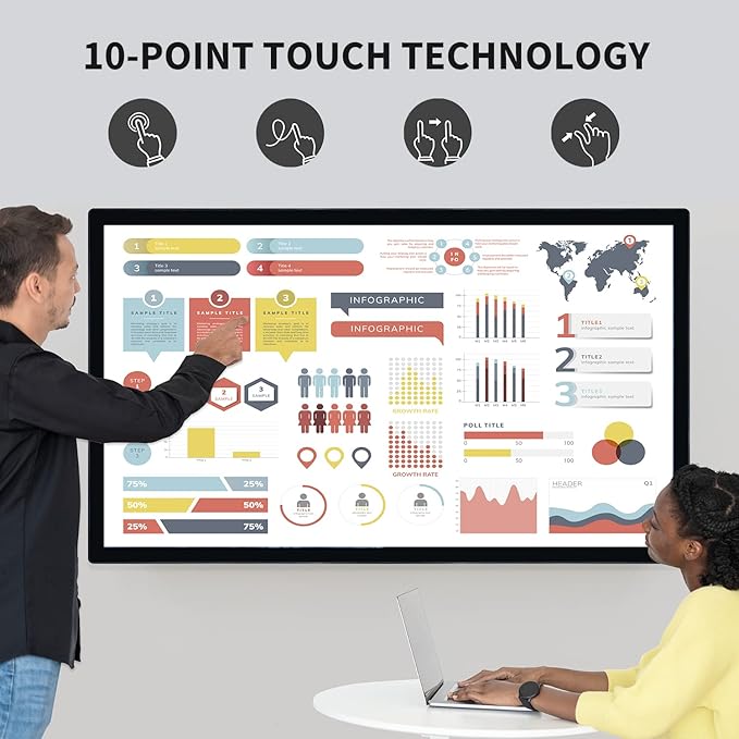 TouchWo 43 inch Interactive Touchscreen Monitor, Smart Board with 16:9 Display 1080P, Win-10 Electronic Whiteboard Touchscreen PC for Office and Classroom, Core i3 RAM 4G & ROM 128G