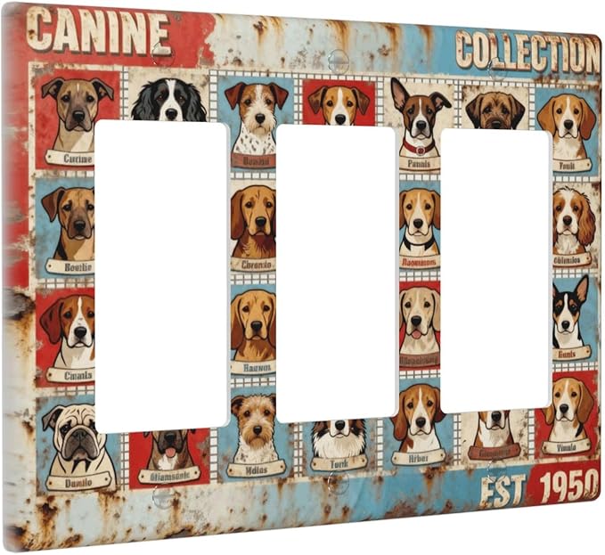 Bvtewkhz Dogs Funny Puppy Pets Vintage 3 Gang Triple Rocker Decorative Outlet Covers Light Switch Plate Electrical Receptacle Switchplate For Bathroom Kitchen Bedroom