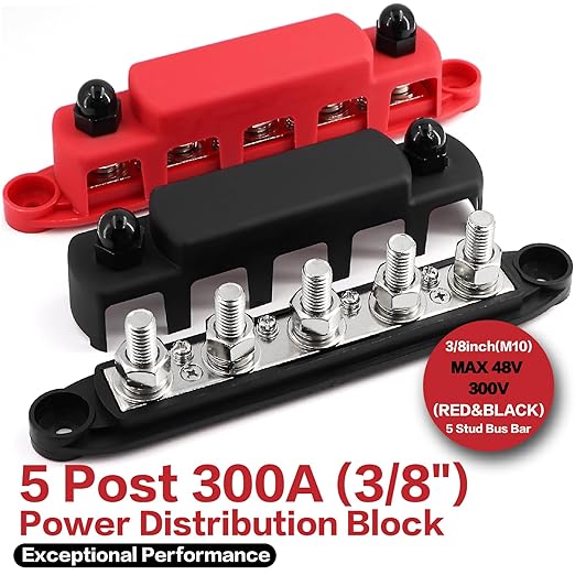 Tuijodaix 300A Bus Bar 5 Post 12V-48V DC Power Distribution Block,5 * 3/8"(M10) Battery Terminal Studs with Cover and Wire Lugs for Wiring,Automotive,Marine,Battery busbar (Red&Black)