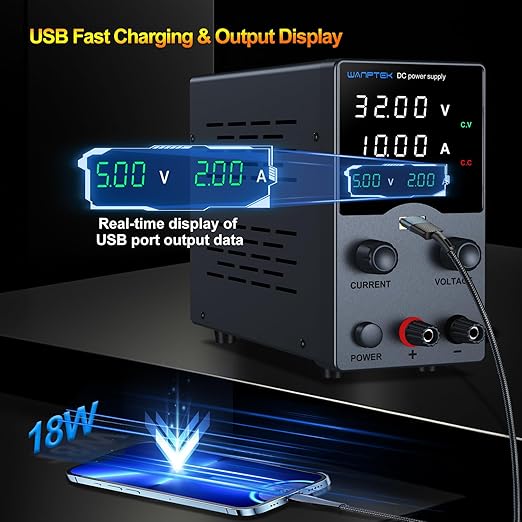 Wanptek DC Power Supply Variable 30V 10A, Bench Power Supplies with Encoder Adjustments Knob, USB Fast Charge Port with Output Current Display, 4-Digit LED Display