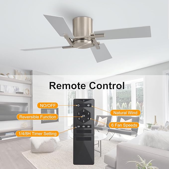 WINGBO 48 Inch Flush Mount Ceiling Fan without Light - 4 Plywood Blades, 6-Speed Reversible DC Motor, Noiseless Low Profile Ceiling Fan No Light for Bedroom Living Room, Nickel and Silver/Gray