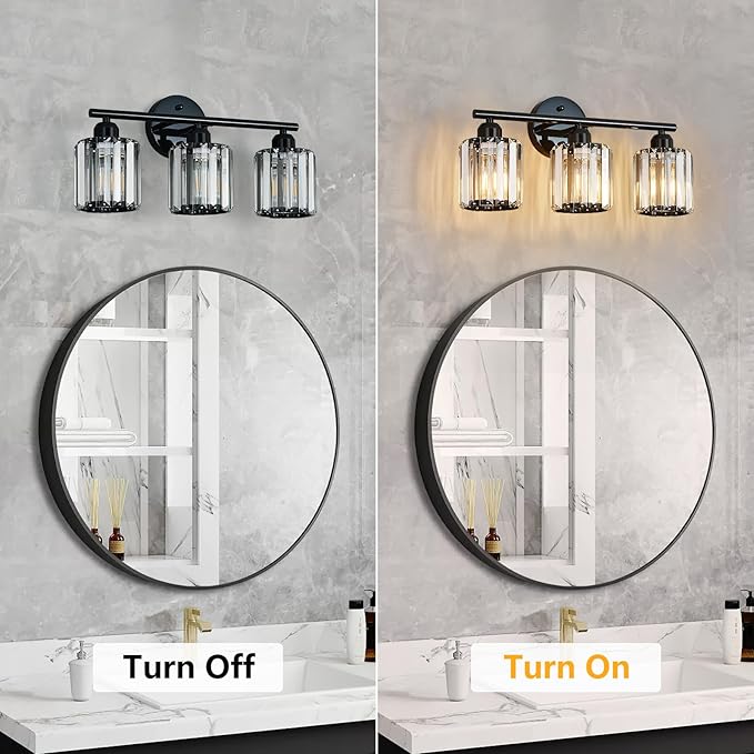 FDPBY Modern 3 Light Crystal Vanity Light, Plating Black Vertical Bathroom Light Fixture Over Mirror for Dressing Table Sink, Compatible with Dimmable Bulbs (Bulbs Not Included)