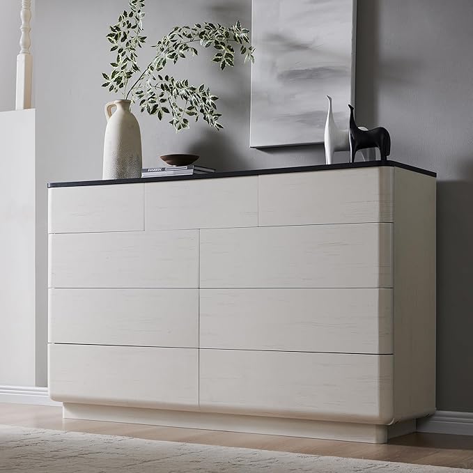 JXQTLINGMU 9 Drawer Dresser for Bedroom, 52" Wide Modern Wood Dressers with Push-to-Open Drawers for Closet Storage, Chest of Drawers TV Stand for Living Room & Hallway, Curved Profile, White Oak