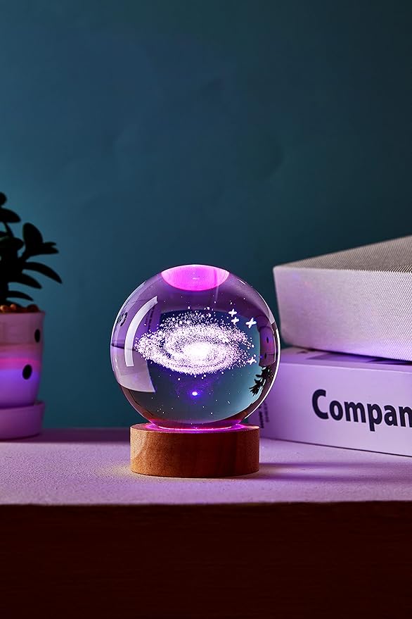Conalisk 3D Galaxy Crystal Ball Lamp,3.15 Inch K9 Crystal Ball Night Light with Wooden Base,16 Colors Changing Light with Dimmable Remote Control,3D Laser Engraving Holographic Lamp (Galaxy)
