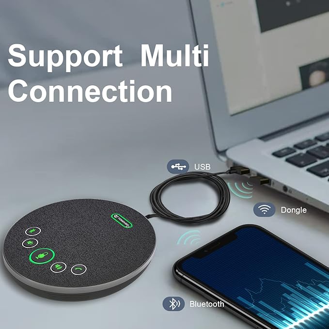 TONGVEO Bluetooth Speakerphone Conference Microphones, Wireless Conference Speaker 360°Voice Pick up with 4 AI Noise Cancellation Mics USB/Dongle/Bluetooth Connection 8 Hour Call Time for 8-12 People