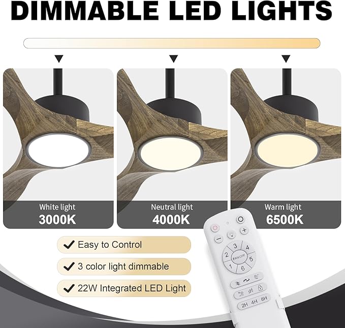 revoici Ceiling Fans with Lights Remote, 52inch Solid Amber Wood Ceiling Fan, 3 Blades Reversible DC Motor 3CCT Dimmable Lighting 3-Timer for Living Room Bedroom Farmhouse Patio