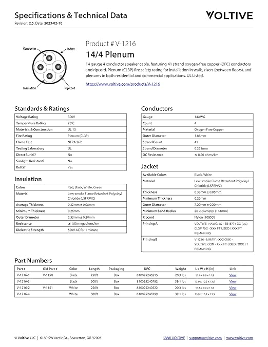 Voltive 14/4 Speaker Wire, Plenum CL3P, White, 250ft - 14AWG, 4 Conductors, Stranded Oxygen-Free Copper, UL Listed - V-1216-2