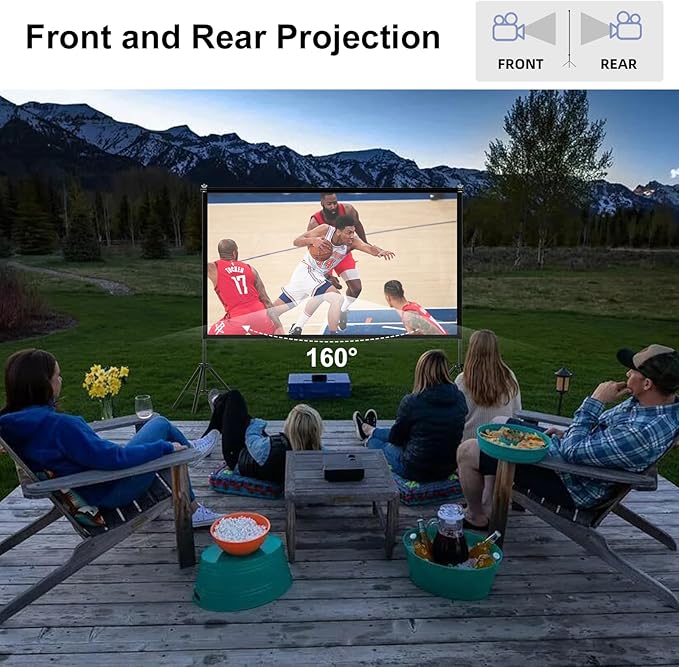 TOWOND Projector Screen with Stand,120 inches Indoor Projector Screen Outdoor Portable 16:9 4K HD Rear Front Projection Movie Screen with Carry Bag Wrinkle-Free Design for Backyard Theater
