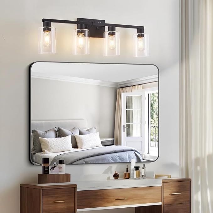 SOPEAS 4 Light Bathroom Vanity Light Fixtures, Black Farmhouse Bathroom Vanity Light with Clear Glass Shade, Bathroom Lighting Fixtures Over Mirror, Vanity Lights for Bathroom Mirror