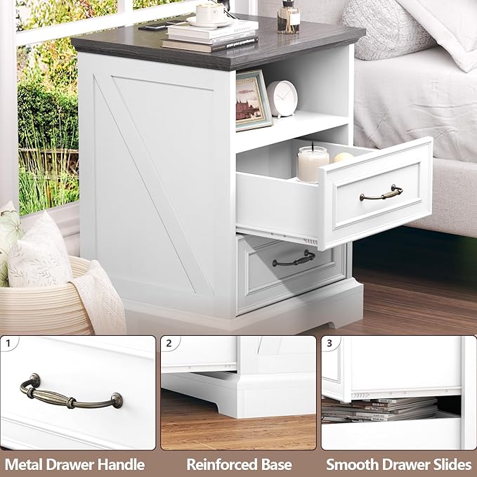 Nightstand with Charging Station Set of 2,18" Wide End Table with 2 Drawers & Metal Handles,Rustic Farmhouse Wood Small Dresser,Bedside Table,Modern Chest of Drawers for Bedroom,Living Room, Off White