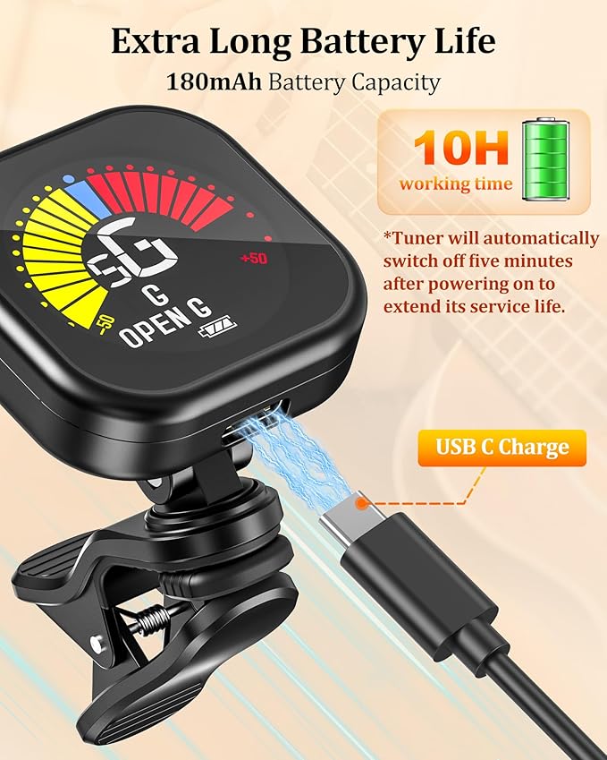 New Bee Guitar Tuner Clip-On Rechargeable with Color Screen 360° Rotatable Acoustic Chromatic Open Tuning for Guitar, Bass, Ukulele, Violin, Cello(Black, 1 Pack)