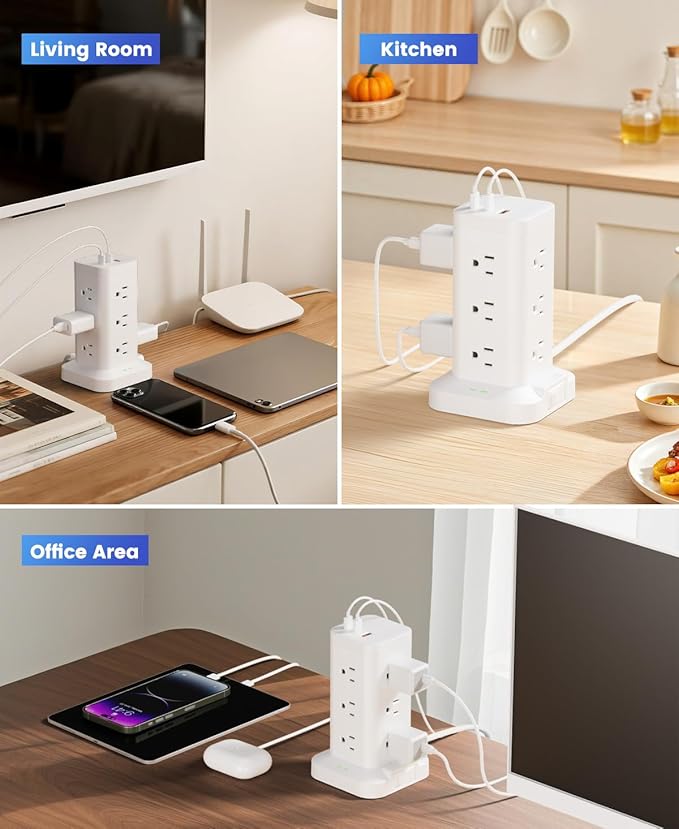 Tagzilo 15-in-1 Power Strip Tower with Surge Protector 1800J, Fast Charging Tower PD20W USB-C Ports with 12 AC Outlets, 15ft Extension Cord for Home Office Dorm Room, White