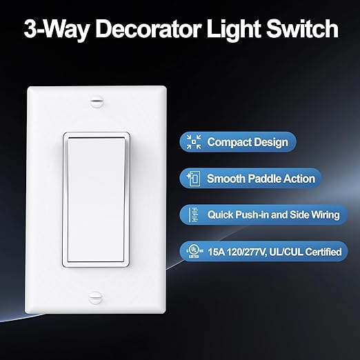 ThunderWay 3 Way Decorator Light Switch with Wall Plates, 15A 120/277V Decora Three Way Electrical Wall Paddle Rocker Switches Replacement, Residential Grade, UL Listed, Glossy White(20 Pack)