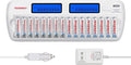 Tenergy TN438 16-Slot Smart Battery Charger for AA AAA NiMH NiCd Batteries with LCD Display + 8 AA and 8 AAA Premium Rechargeable Batteries