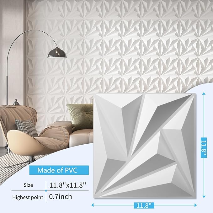 Art3d 100 Pack Decorative 3D Wall Panels, 97 Sq.feet PVC Interior Wall Décor, 11.8"x11.8", White