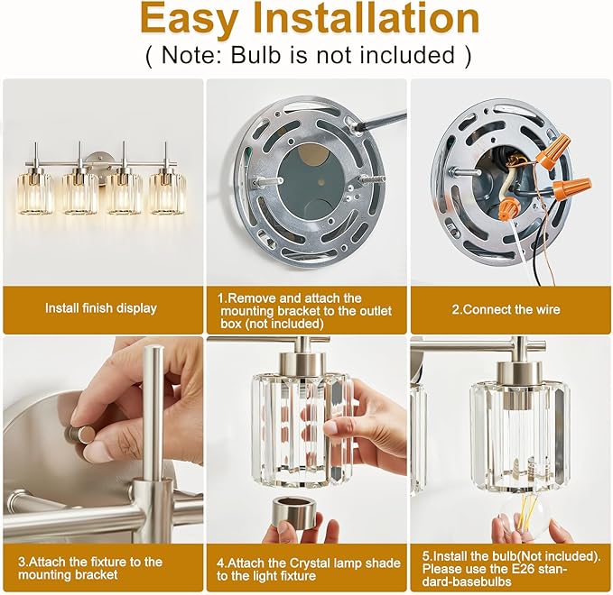 EJIAXIN Crystal Bathroom Vanity Lights, 4 Light Bath Mirror Light Brushed Nickel Round Crystal Wall Mount Light Fixture Over Mirror Morden for Living Room