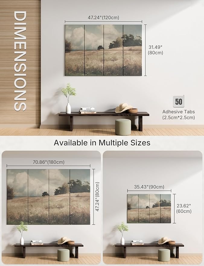 Wall Art Acoustic Panels,47''X31''Sound Absorbing Panels-8-Pack with 50 Adhesive Tabs, Decorative Sound Absorbing Panels for Living Room and Recording Studio, Offices-Grain field, landscape study