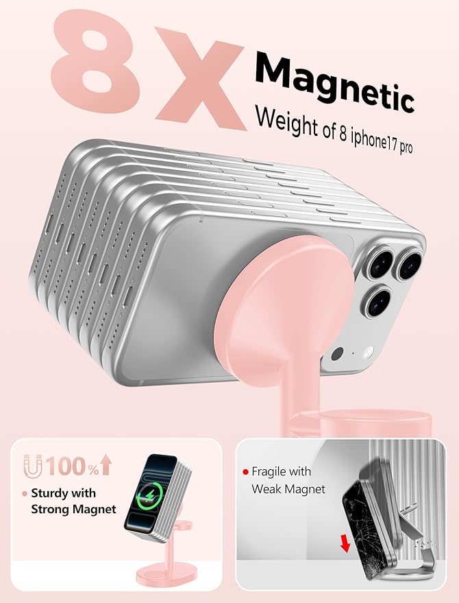 Hevanto 2025 3 in 1 Wireless Charging Station for Apple MagSafe Charger, 15W Fast Mag-Safe Charger Stand for iPhone 17 16 15 14 13 12 Apple Watch AirPods Compatible with MagSafe, Pink