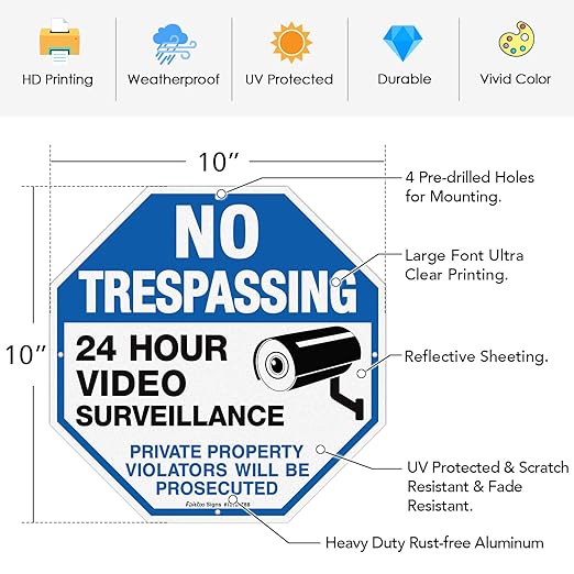 4-Pack No Trespassing Sign Private Property Protected By Video Surveillance Violators Will Be Prosecuted Sign, 10 x 10 Inch Reflective Aluminum, UV Protected, Weather/Fade Resistant, Easy to Install