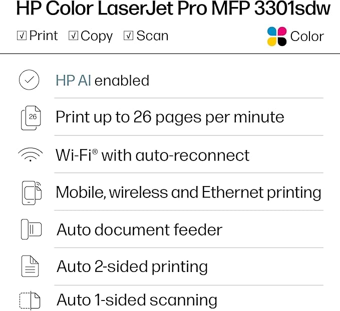 HP Color LaserJet Pro MFP 3301sdw Wireless All-in-One Color Laser Printer, Office Printer, Scanner, Copier, ADF, Duplex, Best-for-Office (499Q3F)