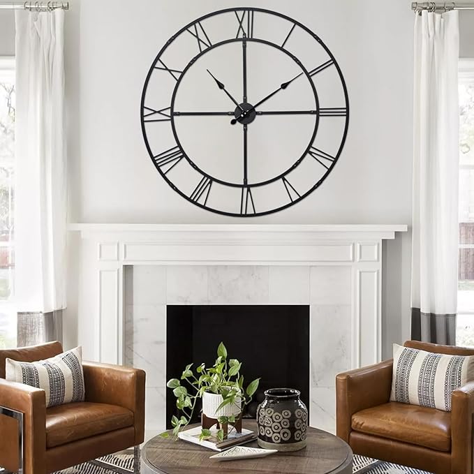 Ohweog Large Wall Clock for Living Room Decor – 32 Inch Silent Non-Ticking Modern Farmhouse Wall Clock, Oversized Decorative Metal Roman Numeral Clock, Black