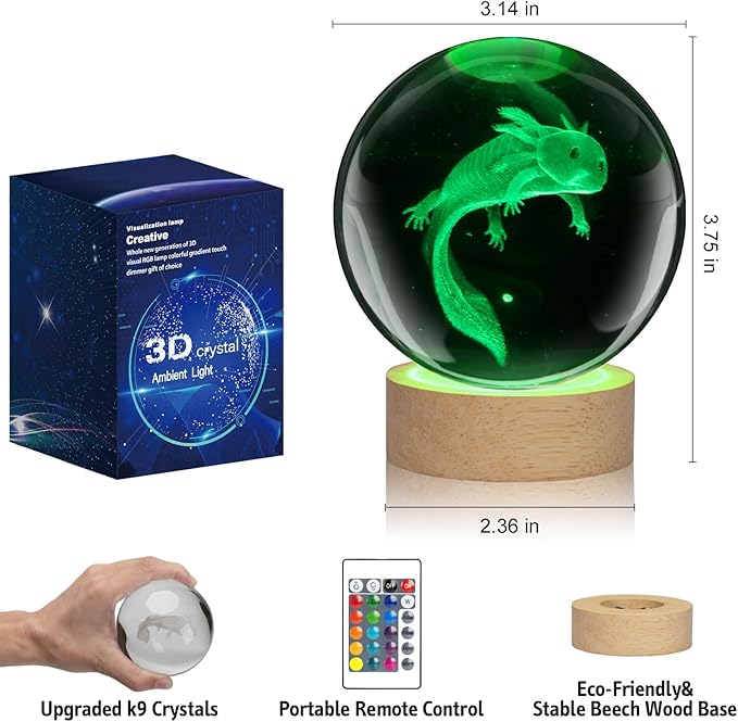 LQYHZCZQ 3D Axolotl Crystal Ball Night Light with 16 Color LED Wooden Base with Remote Control, 3.15 Inch Crystal Ball Night Light