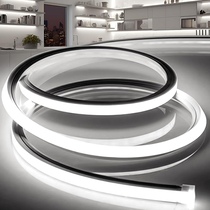 VOEWT LED Strip Lights Daylight White 6000K,65.6ft 110-120V Neon Rope Lights,Flexible Silicone Outdoor Waterproof Neon Strip Lights for Bedroom,Mirror,Kitchen Cabinet, Living Room,Halloween Decor