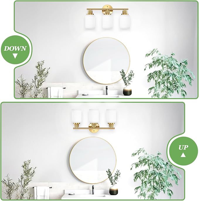 Guliaofo 3-Light Bathroom Light Fixtures, Vanity Lights for Mirror with Textured Milky White Glass Shade, Modern Kitchen Light Fixtures Wall Sconce Light - E26 Base - Brushed Gold