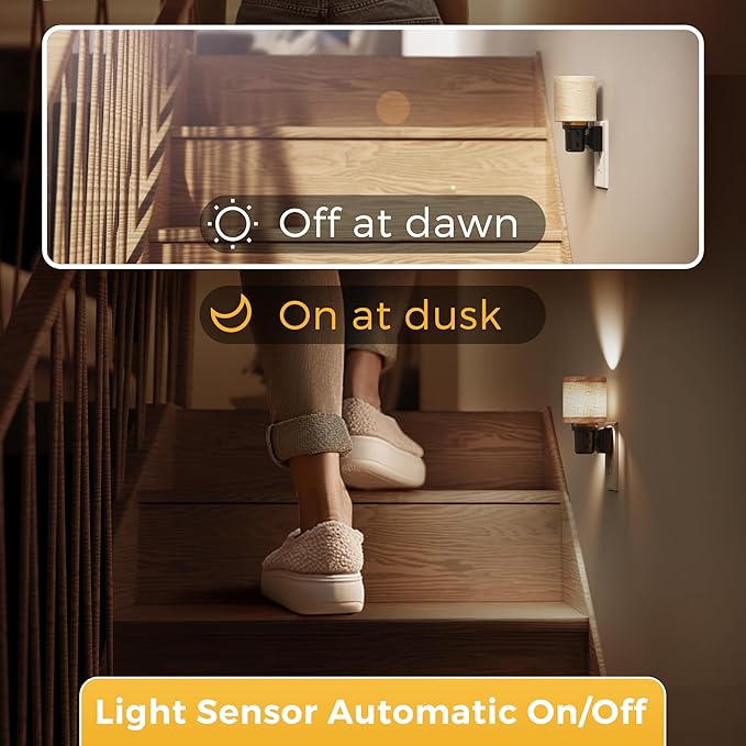 L LOHAS LED Night Lights Plug into Wall,Linen Fabric Cylinder Decor Night Light, Dusk to Dawn Sensor Vintage Nightlight, 5000K Daylight 0-100LM Dimmable, for Bedroom Living Room Hallway